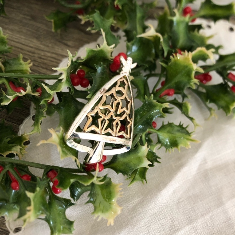 Vtg Silver and Gold Star Tree Brooch